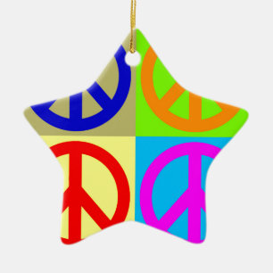 Four Colour Pop Art Peace Sign Ceramic Ornament