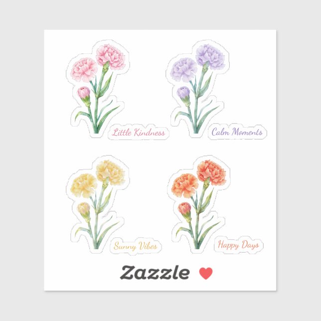 Four-Colour soft Carnation Watercolor Sticker Set (Sheet)