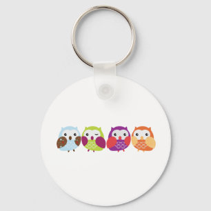 Four Colourful Owls Key Ring