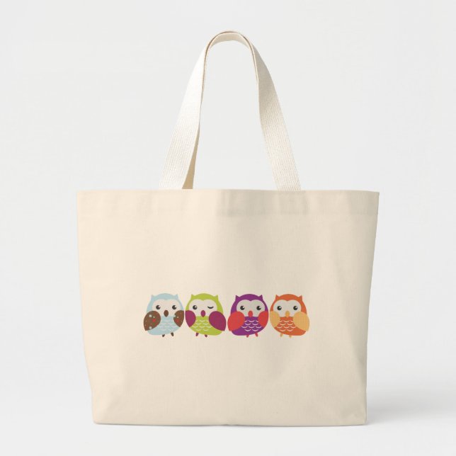 Four Colourful Owls Large Tote Bag (Front)