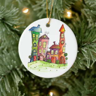 Four Colourful Whimsical Houses Ceramic Ornament