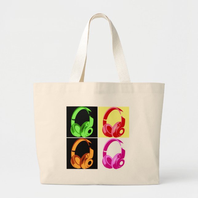 Four Colours Headphone Pop Art Head Phone Large Tote Bag (Front)