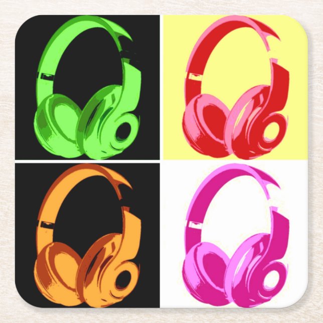 Four Colours Headphone Pop Art Head Phone Square Paper Coaster (Front)