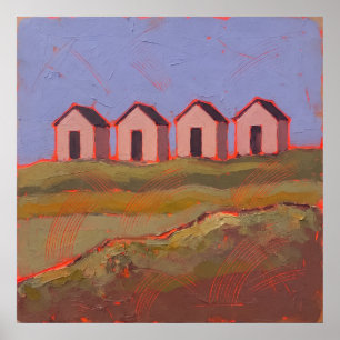 Four Coral Beach Huts Impasto Landscape Poster