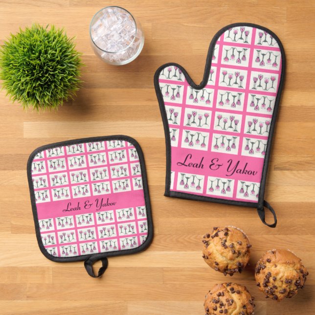 Four Cups of Wine for Passover Customisable Oven Mitt & Pot Holder Set (Top Down)