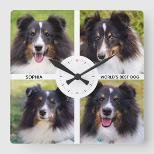 Four Custom Pet Photos With Custom Text Square Wall Clock