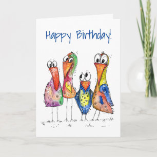 Four Cute Colourful Whimsical Birds Card