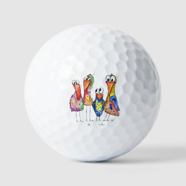 Four Cute Colourful Whimsical Birds Golf Balls (Front)