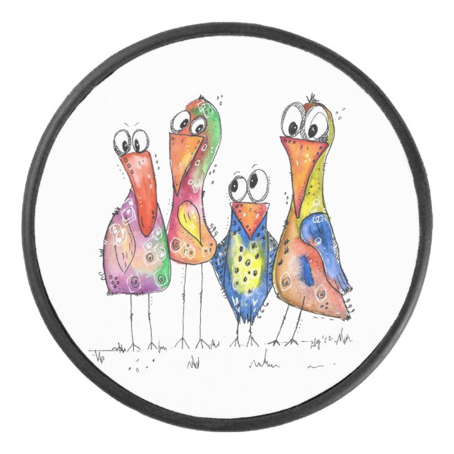 Four Cute Colourful Whimsical Birds Hockey Puck (Front)
