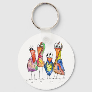 Four Cute Colourful Whimsical Birds Key Ring