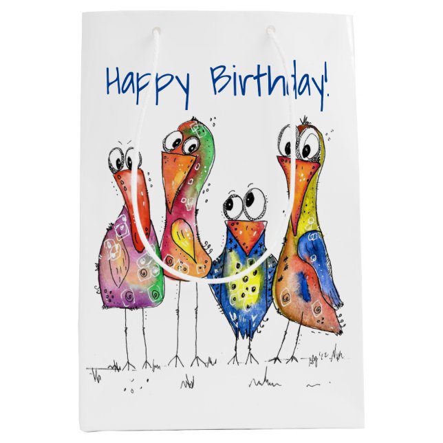 Four Cute Colourful Whimsical Birds Medium Gift Bag (Front)