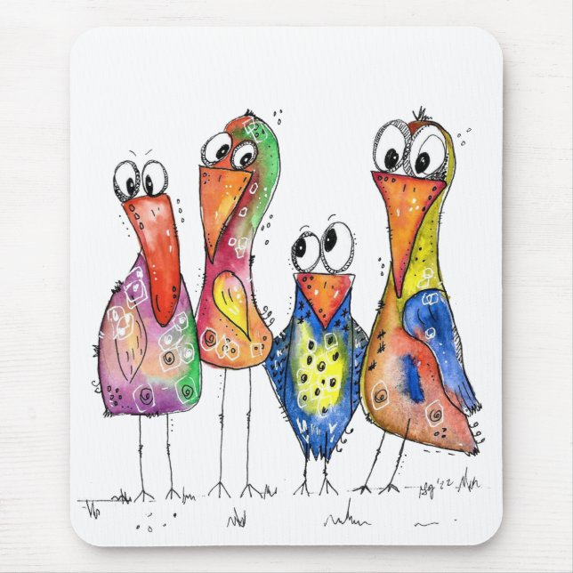 Four Cute Colourful Whimsical Birds Mouse Pad (Front)