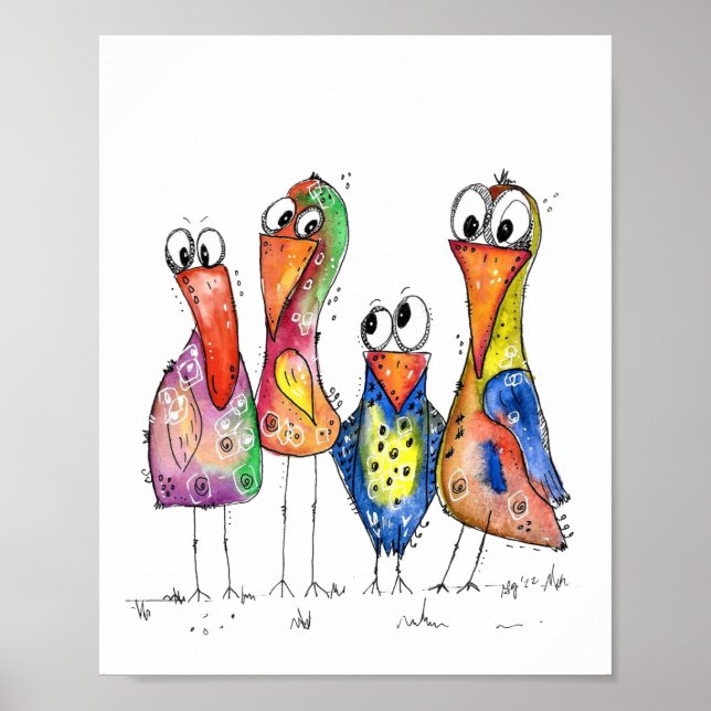 Four Cute Colourful Whimsical Birds Poster (Front)