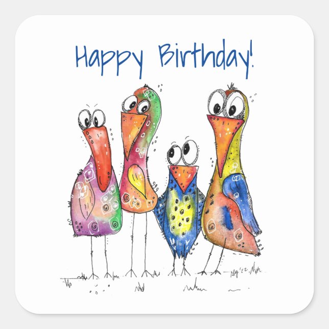 Four Cute Colourful Whimsical Birds Square Sticker (Front)