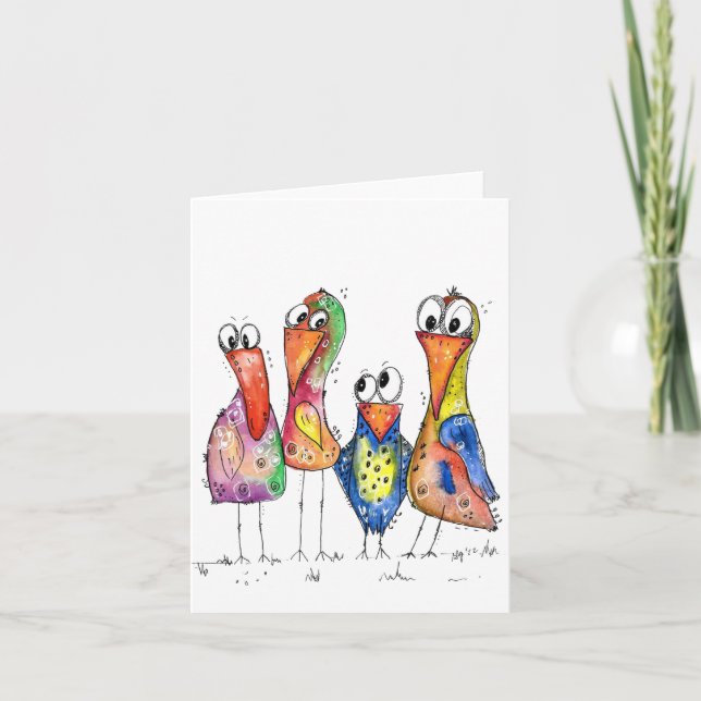 Four Cute Whimsical Colourful Birds Card (Front)