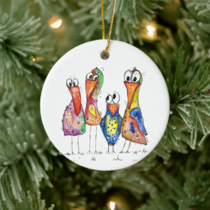 Four Cute Whimsical Colourful Birds Ceramic Ornament