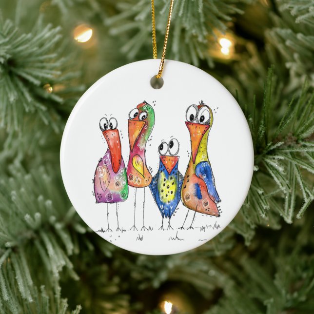 Four Cute Whimsical Colourful Birds Ceramic Ornament (Tree)