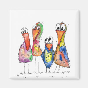 Four Cute Whimsical Colourful Birds Magnet