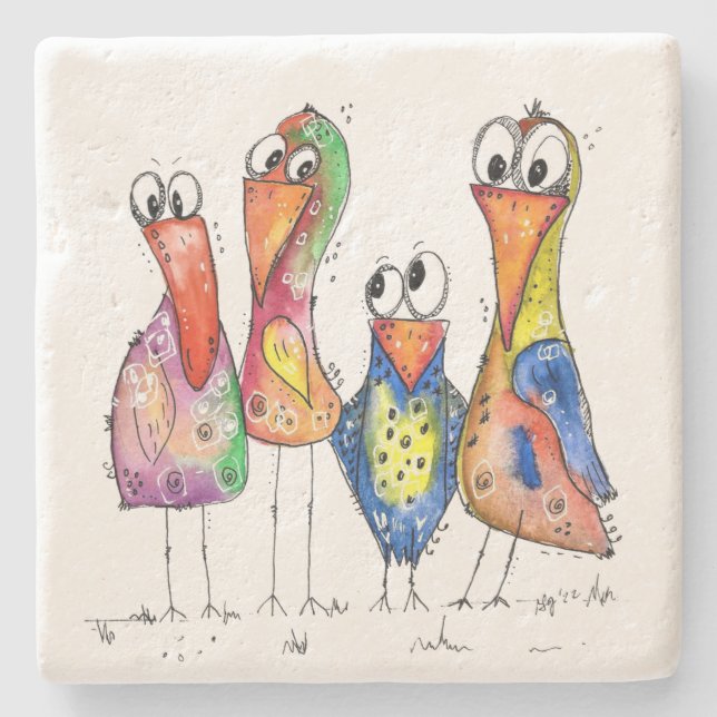 Four Cute Whimsical Colourful Birds Stone Coaster (Front)
