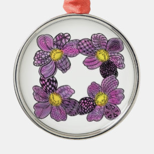 Four Dahlias or African Violets in Pink and Purple Metal Tree Decoration