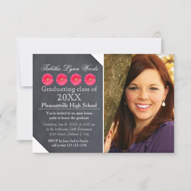 Four Daisies Chalkboard - 3x5 Grad Announcement (Front)