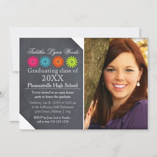 Four Daisies Chalkboard - Grad Announcement (Front)