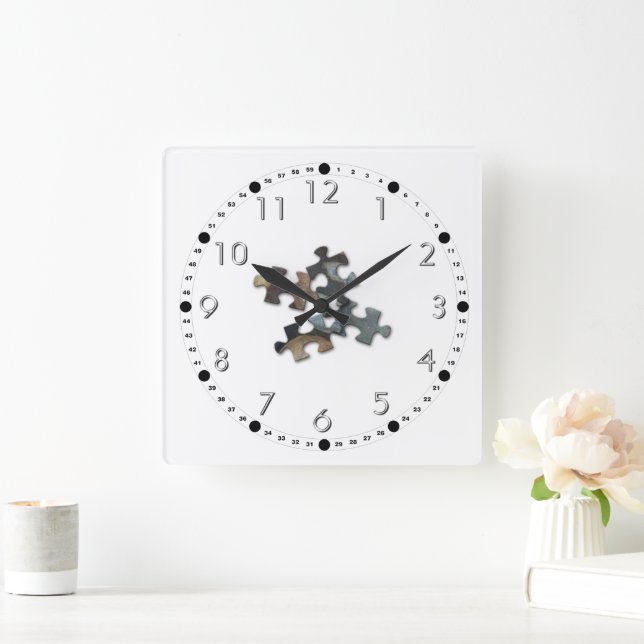 Four Earth Tone Puzzle Pieces Square Wall Clock (Home)