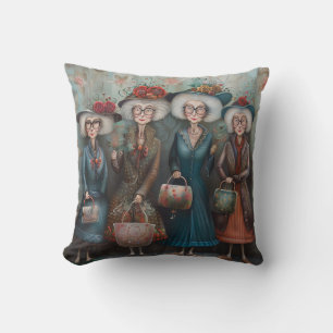 Four elderly ladies in fancy attire cushion
