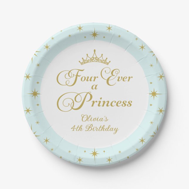 Four Ever a Princess Gold Princess 4th Birthday Paper Plate (Front)