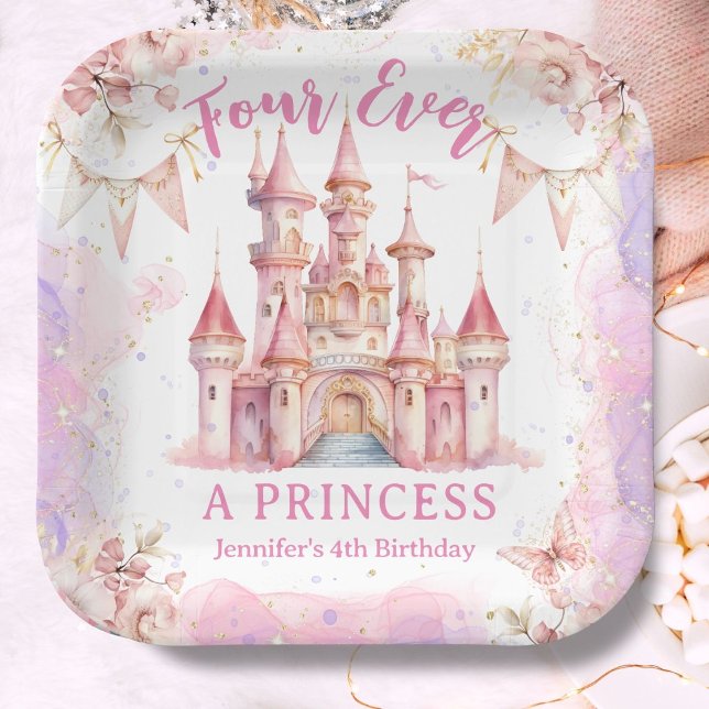 Four Ever A Princess Pink Castle Girl 4th Birthday Paper Plate (Creator Uploaded)