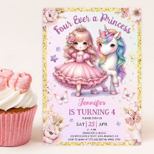 Four Ever A Princess Unicorn 4th Birthday Party Invitation