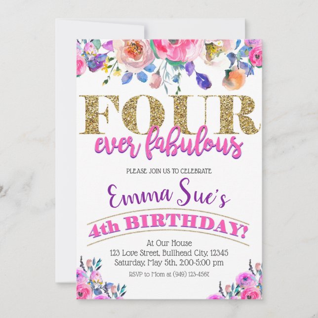 Four-Ever Fabulous Girls Floral 4th Birthday Invitation (Front)