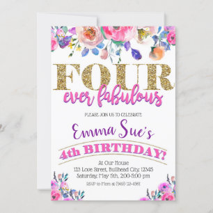 Four-Ever Fabulous Girls Floral 4th Birthday Invitation