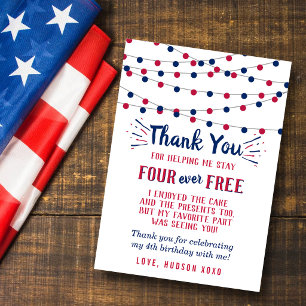 Four Ever Free! 4th Of July 4th Birthday Party Thank You Card