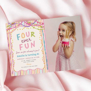 Four Ever Fun Colourful Girl 4th Birthday Photo Invitation