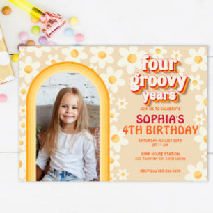 Four Ever Groovy 4th Birthday Invitation   Retro D