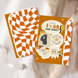 Four ever Groovy 4th Retro Chequered Birthday Invitation