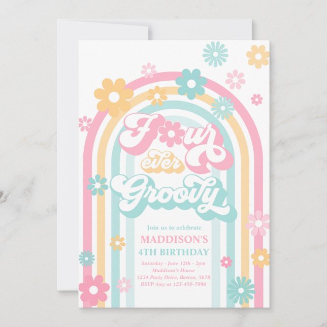 Four Ever Groovy Boho Daisy Rainbow 4th Birthday Invitation (Front)