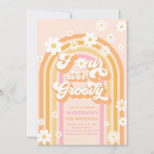 Four Ever Groovy Boho Daisy Rainbow 4th Birthday Invitation