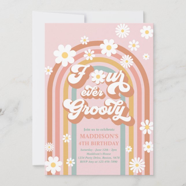 Four Ever Groovy Boho Daisy Rainbow 4th Birthday Invitation (Front)
