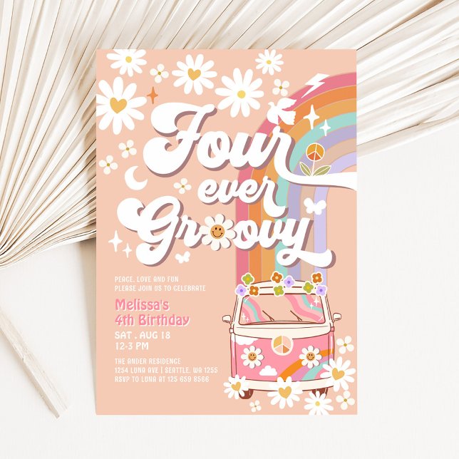 Four Ever Groovy Daisy Rainbow Hippie 4th Birthday Invitation (Creator Uploaded)