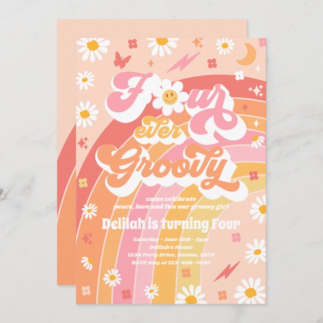 Four Ever Groovy Hippie Rainbow 4th Birthday Party Invitation (Front/Back)