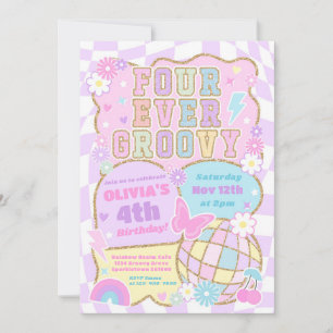 Four Ever Groovy Preppy Varsity 4th Birthday Party Invitation