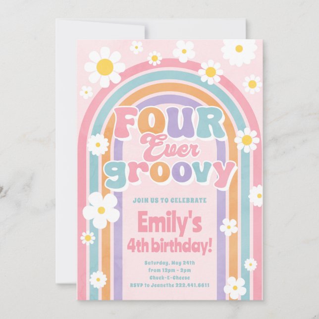 Four Ever Groovy Rainbow 4th Birthday Invitation (Front)