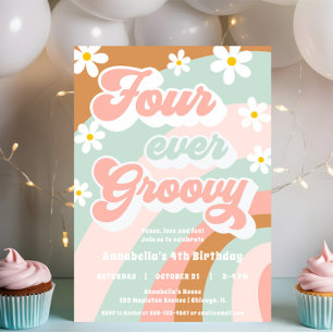 FOUR ever groovy Retro 4th birthday girl Invitation