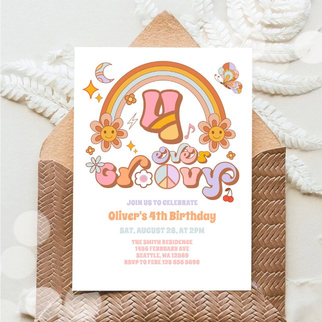 Four Ever Groovy Retro 4th Birthday Invitation (Creator Uploaded)