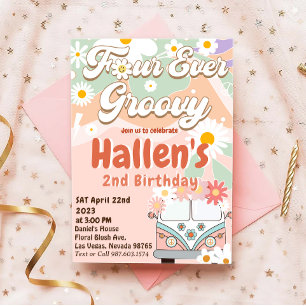 Four Ever Groovy Retro Boho Rainbow 4th Birthday Invitation