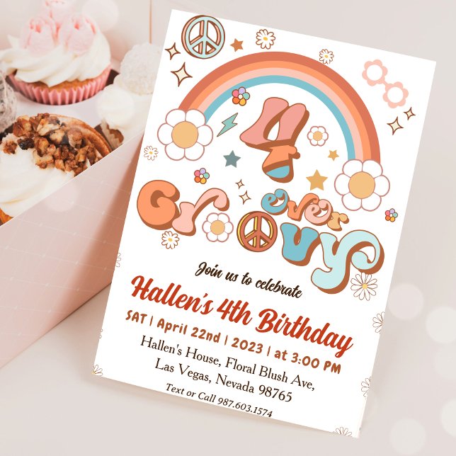 Four Ever Groovy Retro Boho Rainbow 4th Birthday Invitation (Creator Uploaded)