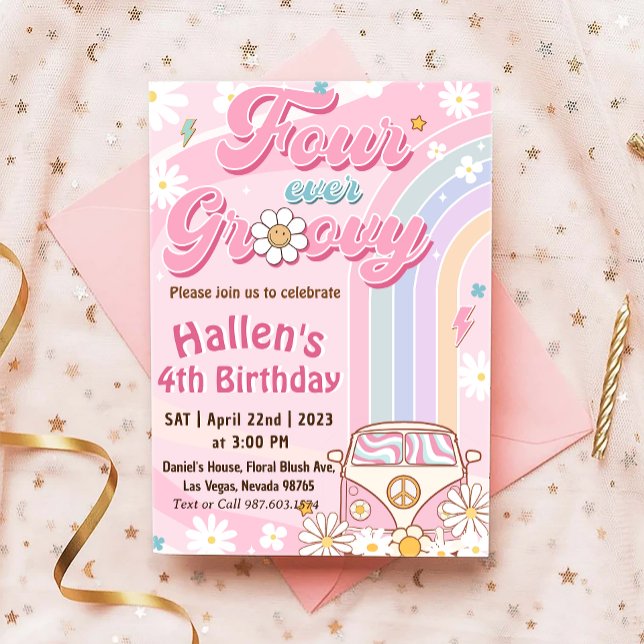 Four Ever Groovy Retro Boho Rainbow 4th Birthday Invitation (Creator Uploaded)