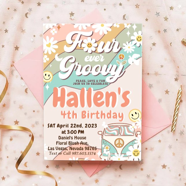 Four Ever Groovy Retro Boho Rainbow 4th Birthday Invitation (Creator Uploaded)